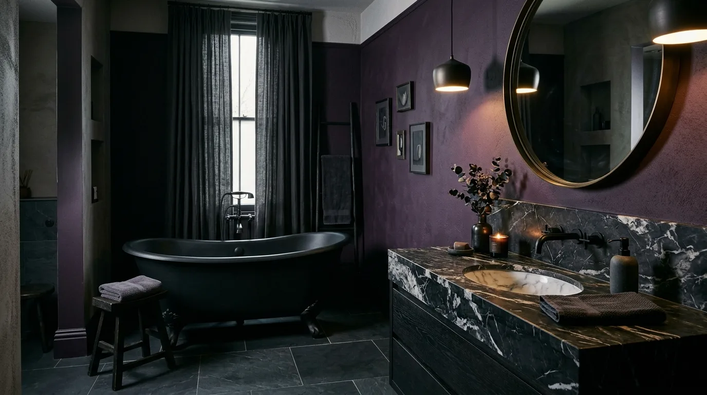 add texture for more depth in a bathroom inspired by regal purple royalty.