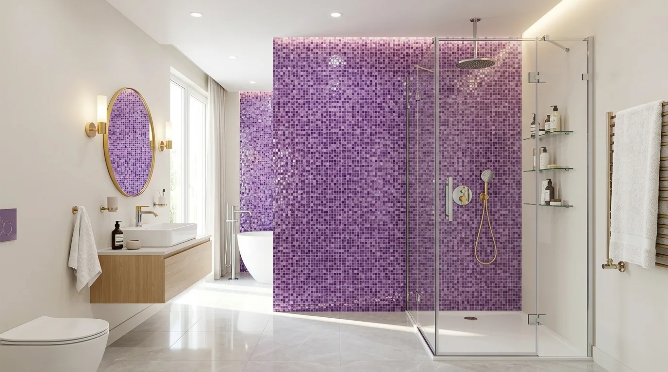 keep fixtures and lines thoughtful in a bathroom inspired by regal purple royalty.