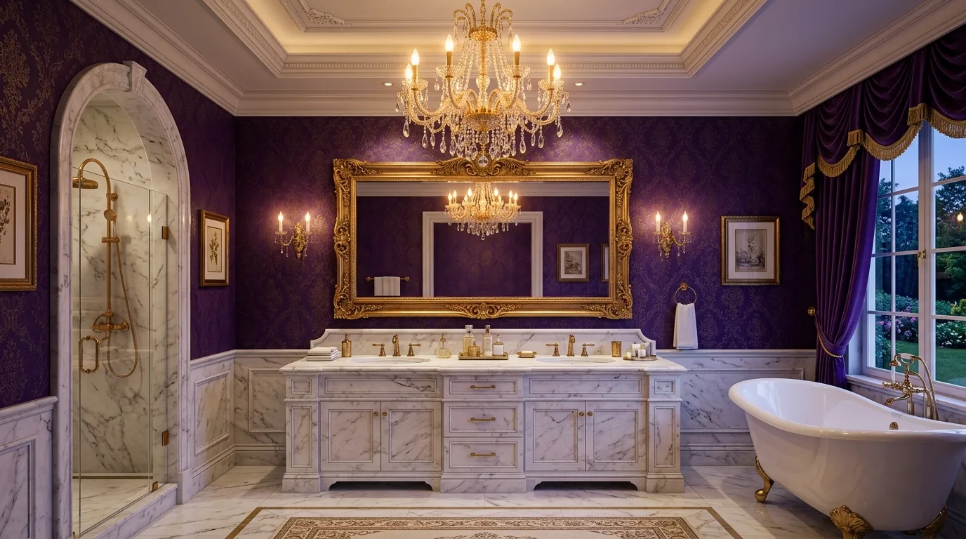 balance boldness with breathing room in a bathroom inspired by regal purple royalty.
