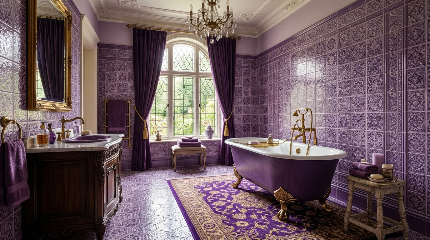 let the room feel personal and restful in a bathroom inspired by regal purple royalty.