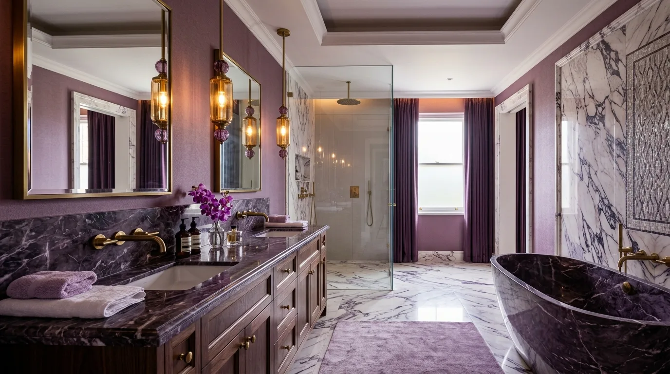 create a bathroom that feels complete in a bathroom inspired by regal purple royalty.