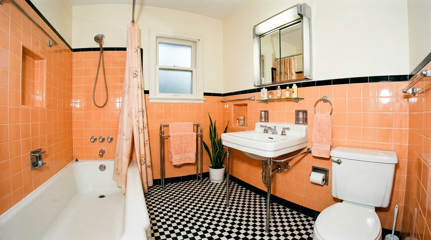 Retro Peach Tile Bathroom Ideas for a 1950s Flair in a thoughtfully styled bathroom.