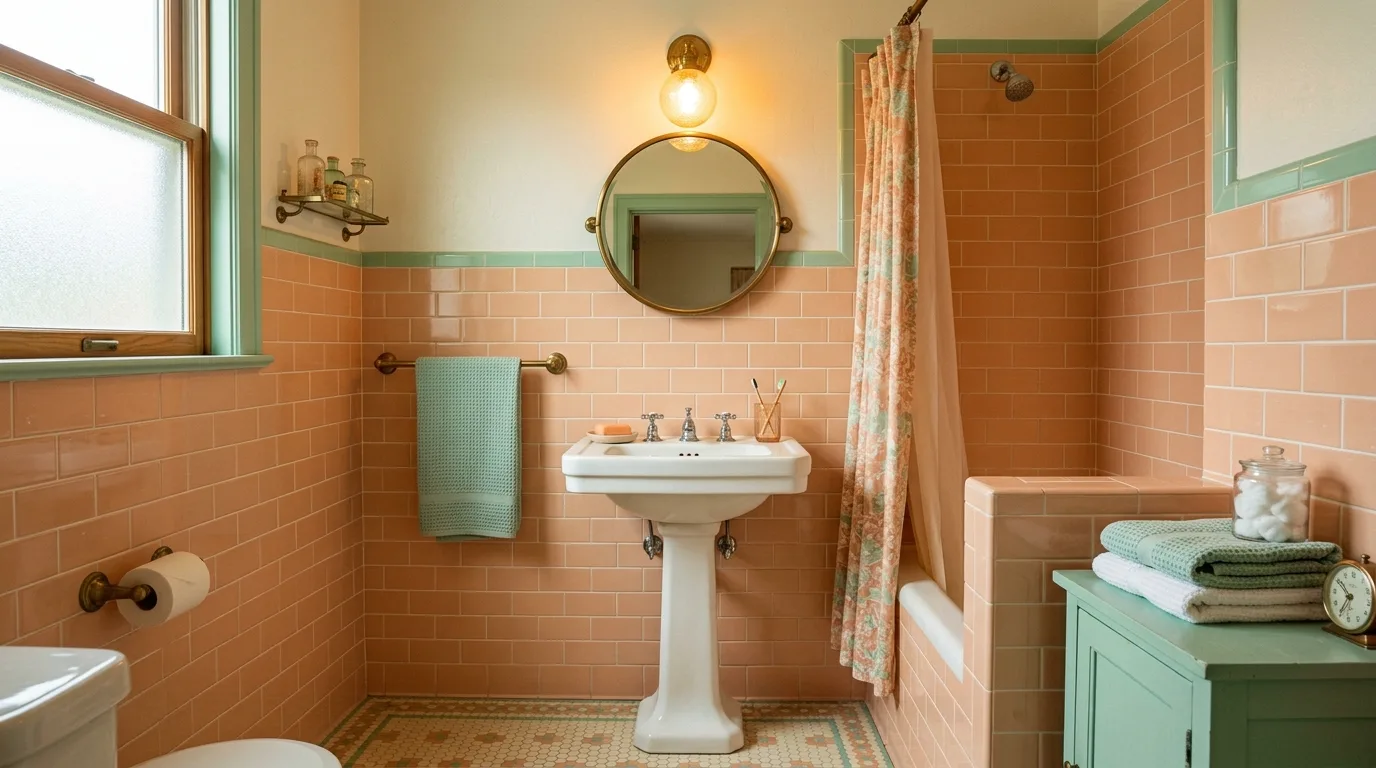 start with the main color or material story in a bathroom inspired by retro peach tile 1950s.