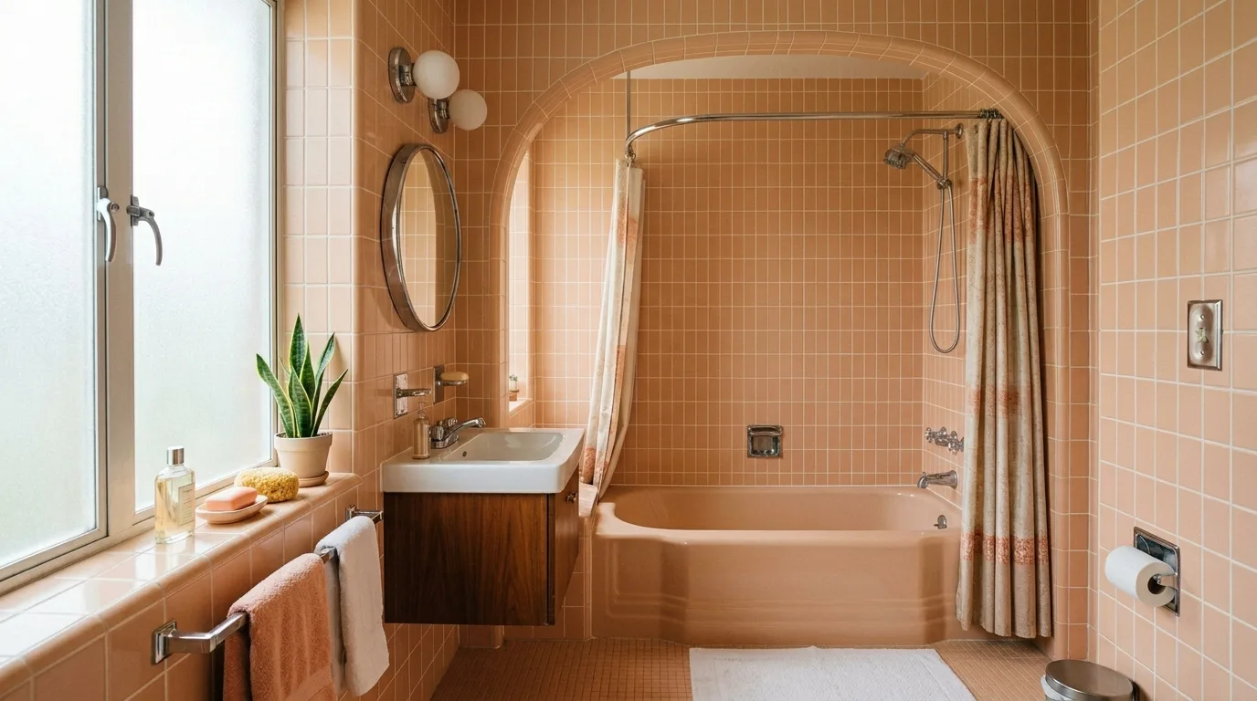 pair it with finishes that support the mood in a bathroom inspired by retro peach tile 1950s.
