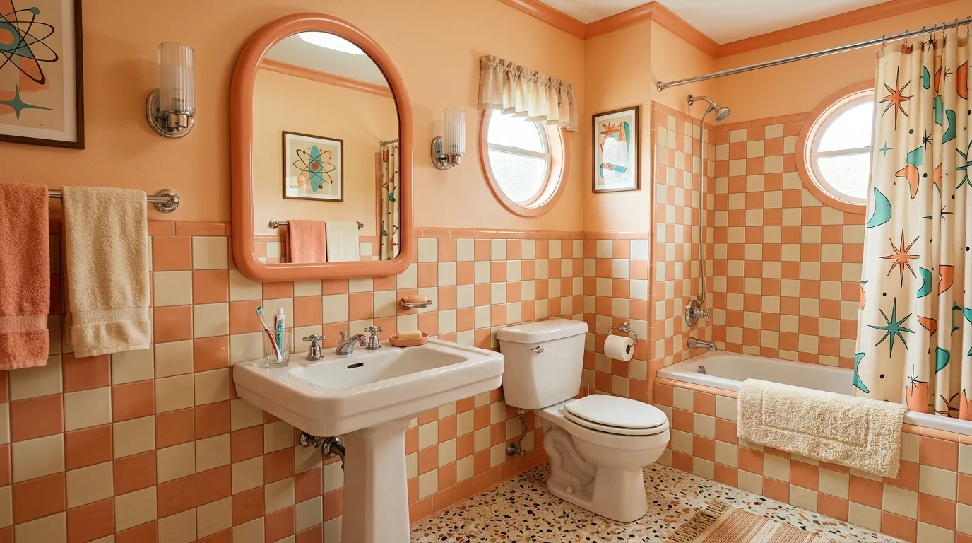 use lighting to bring the space to life in a bathroom inspired by retro peach tile 1950s.