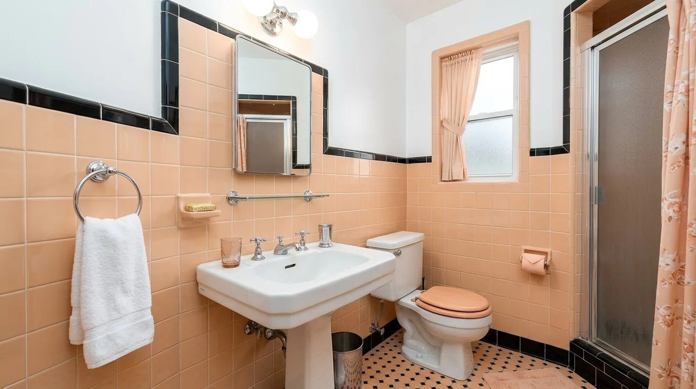 add texture for more depth in a bathroom inspired by retro peach tile 1950s.