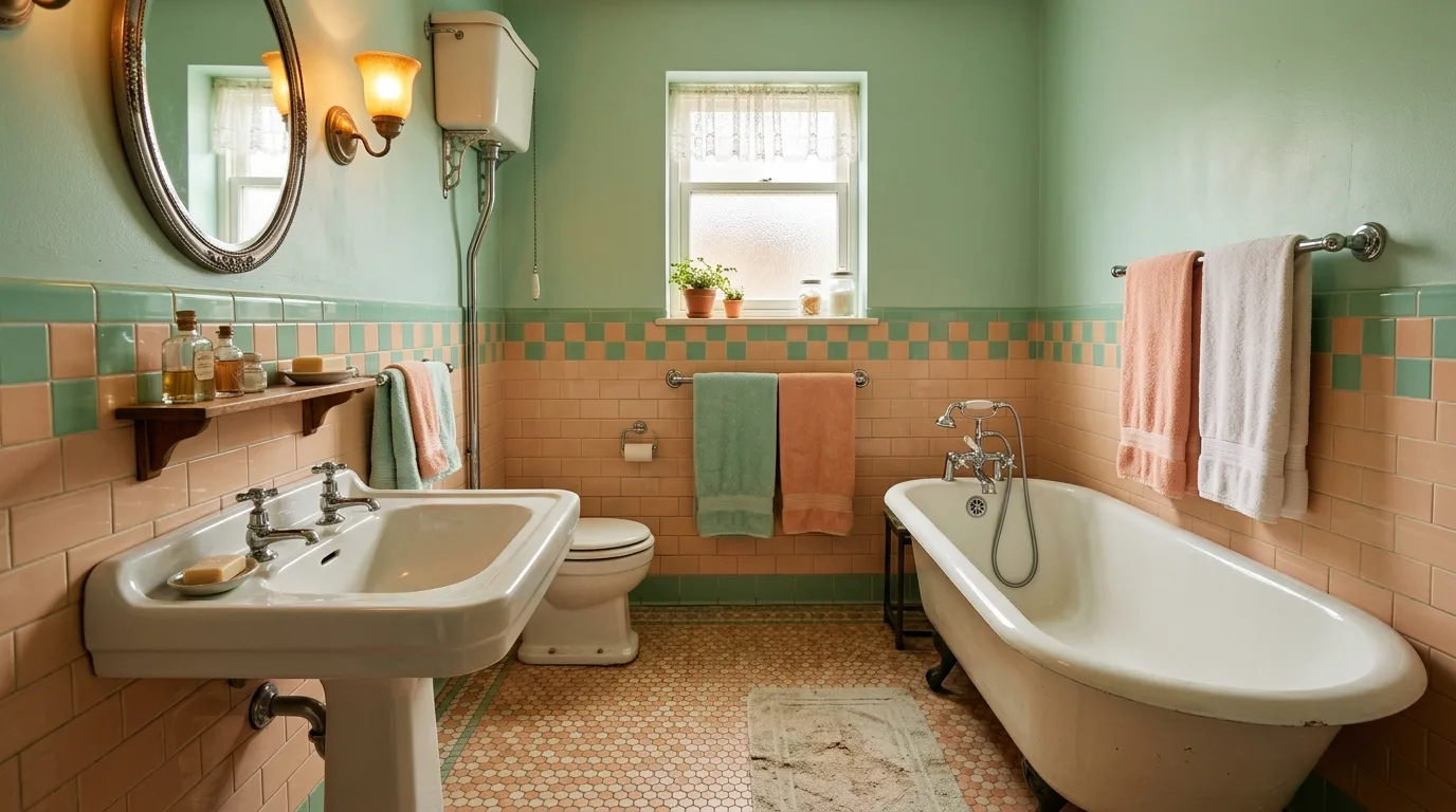 keep fixtures and lines thoughtful in a bathroom inspired by retro peach tile 1950s.