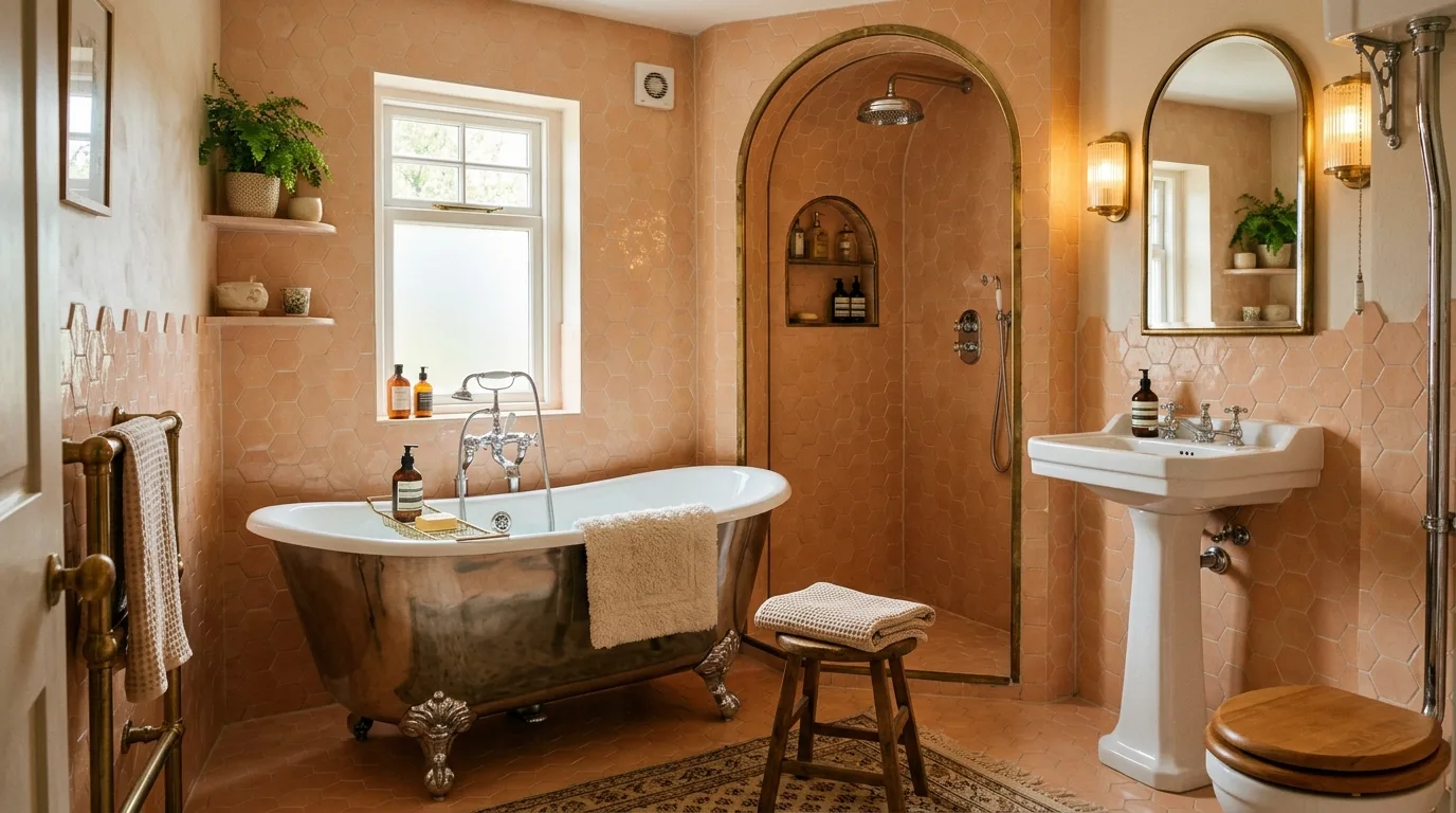 balance boldness with breathing room in a bathroom inspired by retro peach tile 1950s.