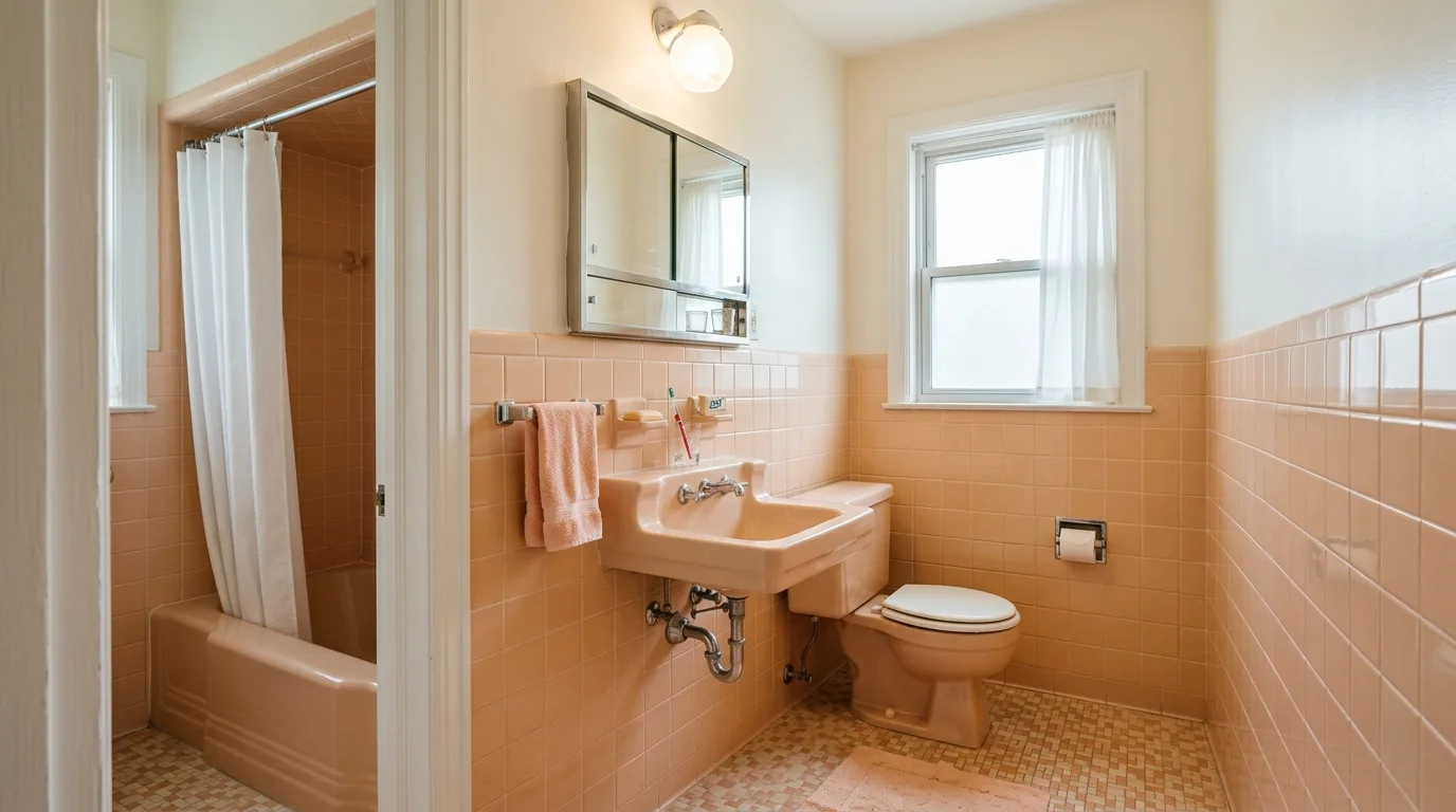 use decor that reinforces the look in a bathroom inspired by retro peach tile 1950s.