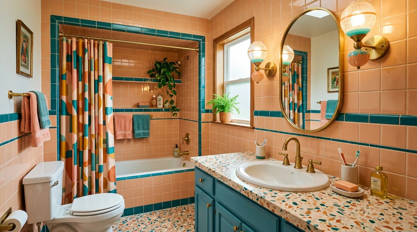 let the room feel personal and restful in a bathroom inspired by retro peach tile 1950s.