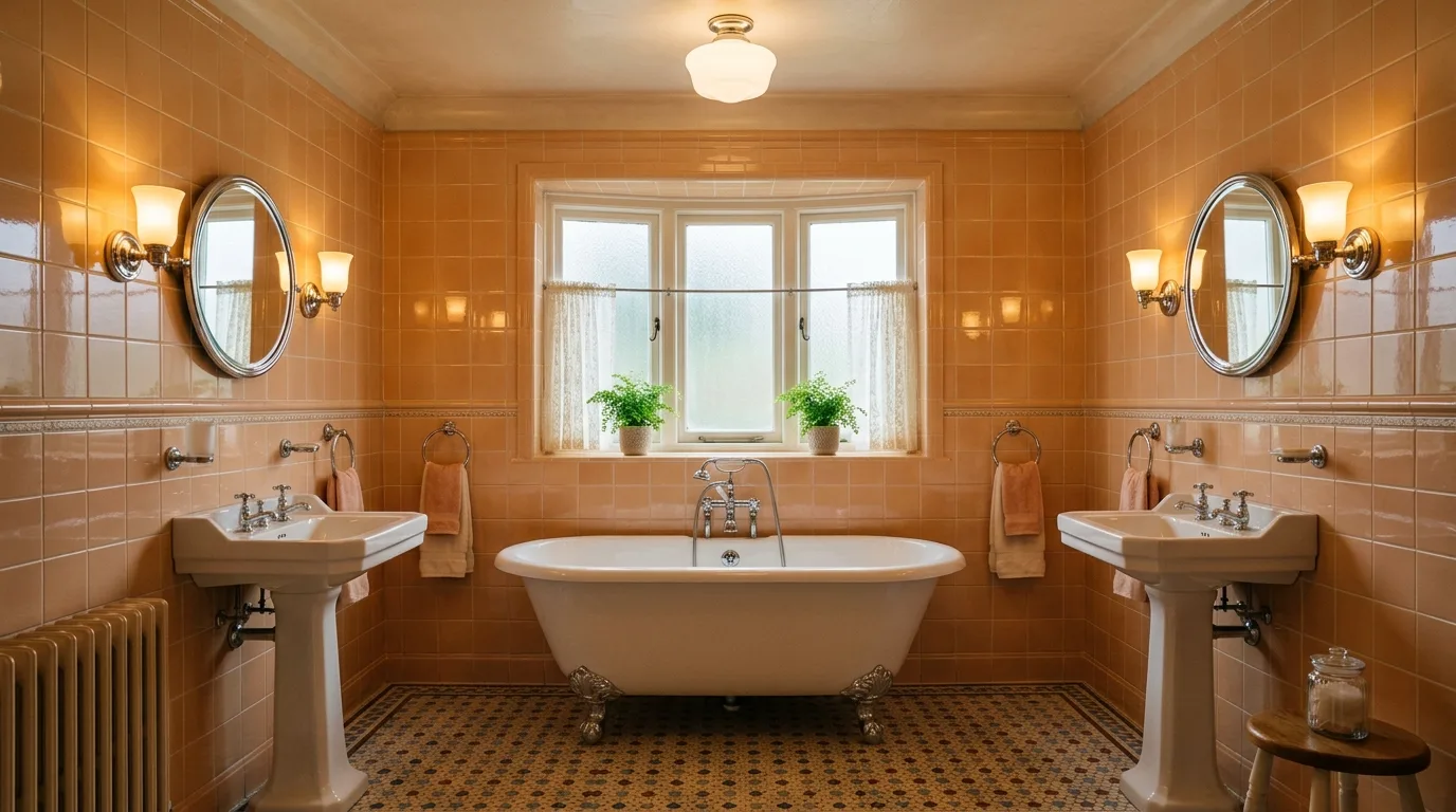 create a bathroom that feels complete in a bathroom inspired by retro peach tile 1950s.