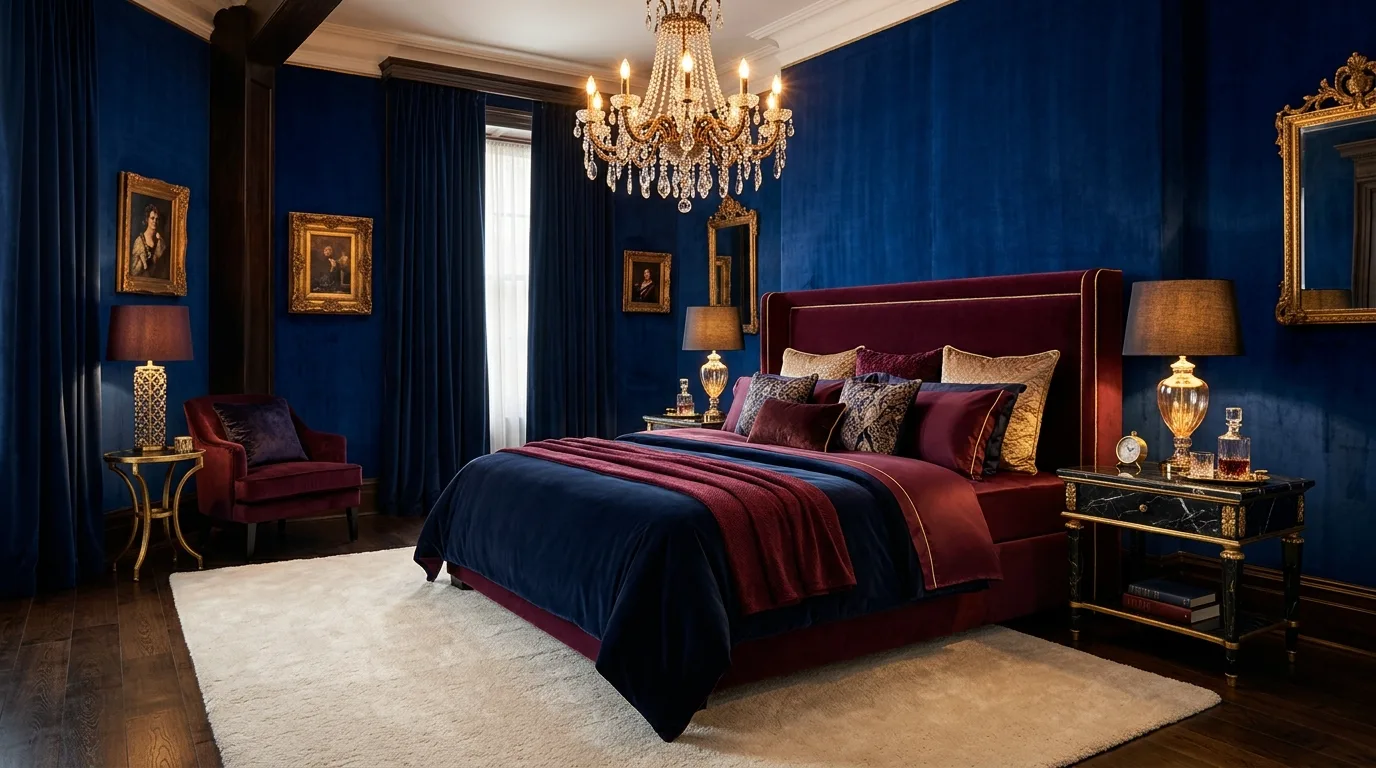 Rich blue and burgundy bedroom with plush textiles and luxe moody lighting.