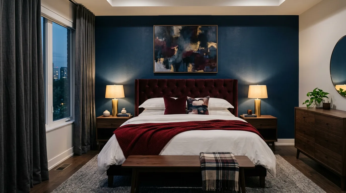 Blue upholstered bed with wine-toned burgundy accents in a luxe bedroom.