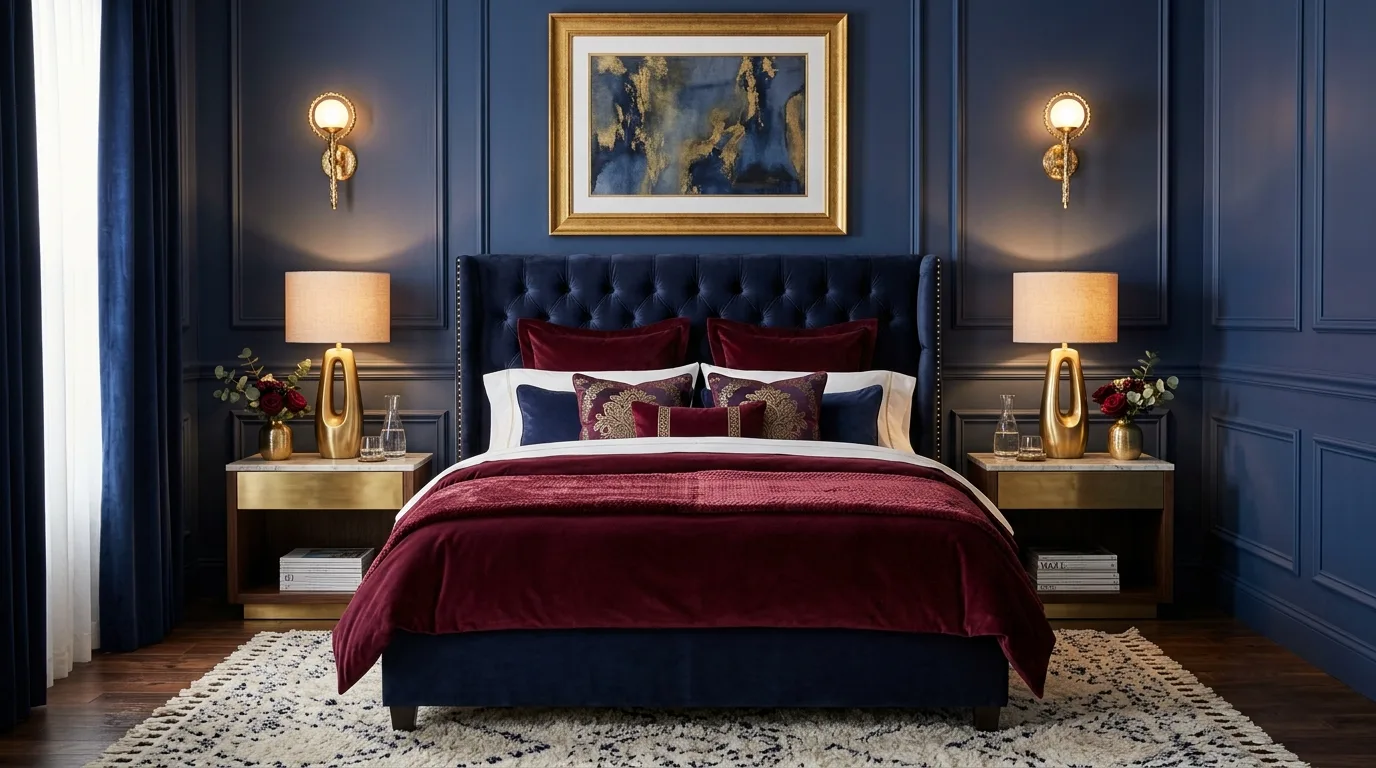 Midnight blue and burgundy bedroom with brass lighting and rich layers.