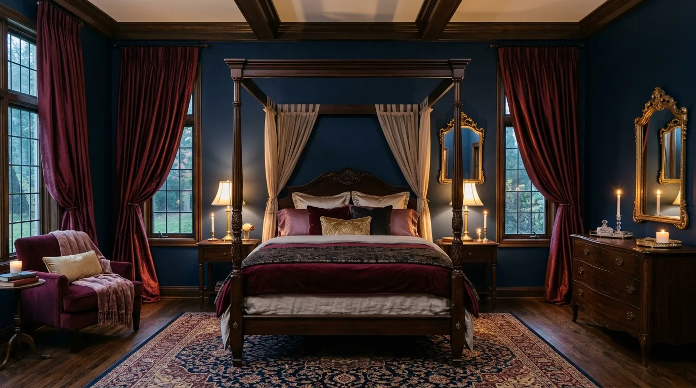 Burgundy headboard against dusty blue bedroom walls in a sophisticated room.