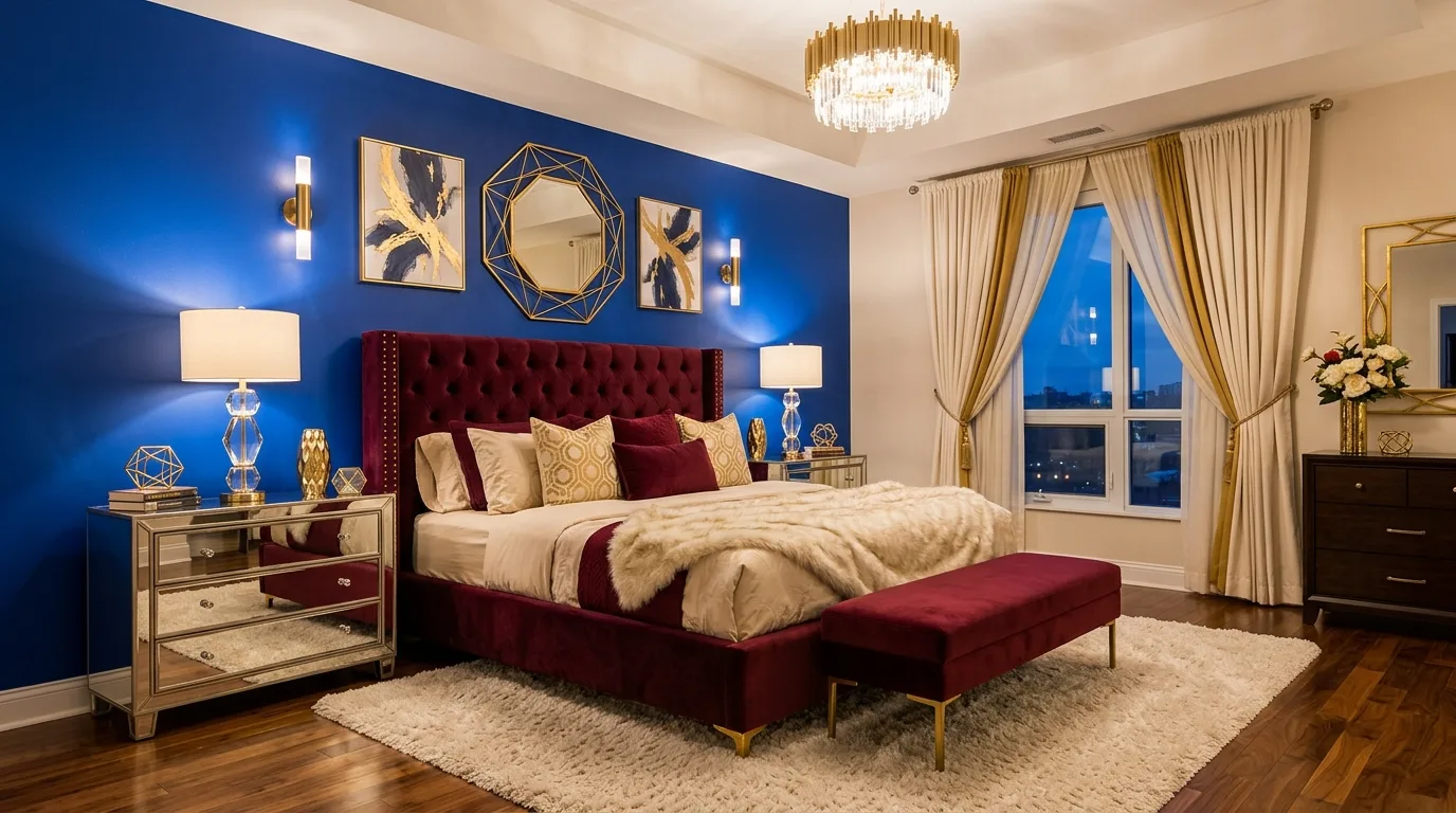 Blue bedding with burgundy drapes in a dramatic elegant bedroom.