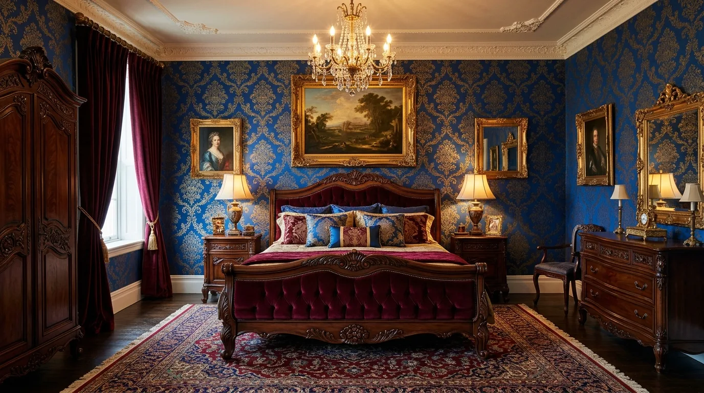 Dark wood furniture in a jewel-toned blue and burgundy bedroom.