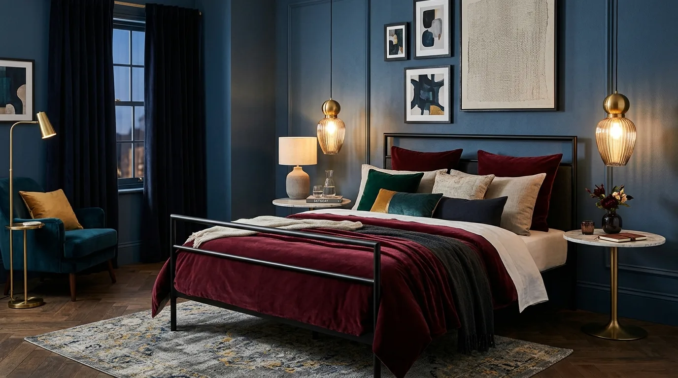 Moody blue ceiling with burgundy bedding and warm luxurious bedroom styling.
