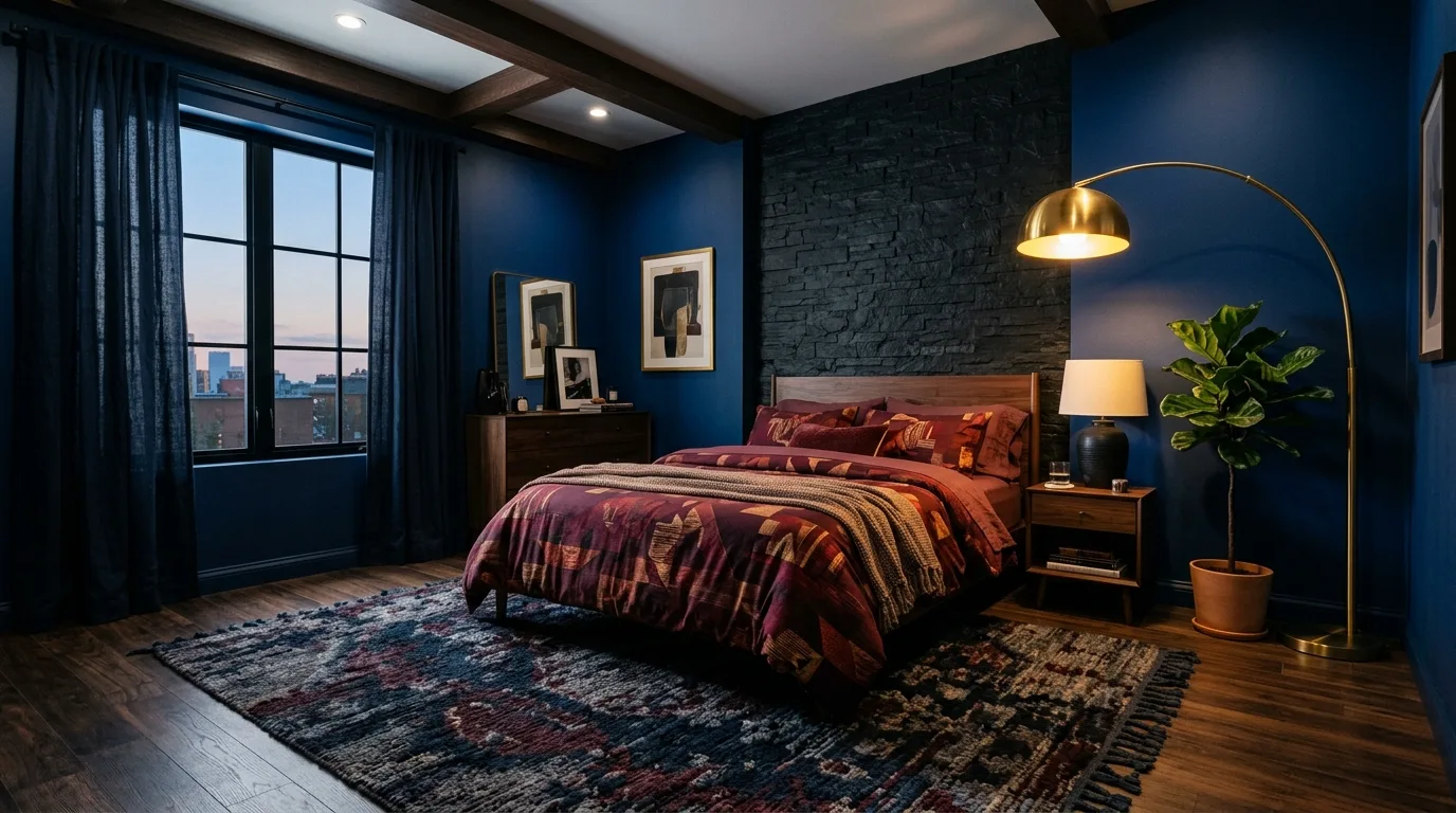 Blue and burgundy velvet textures layered in a luxurious bedroom.