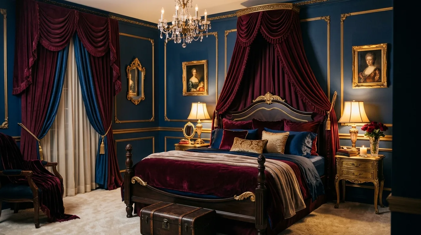 A dramatic but soft blue and burgundy bedroom with layered elegant styling.