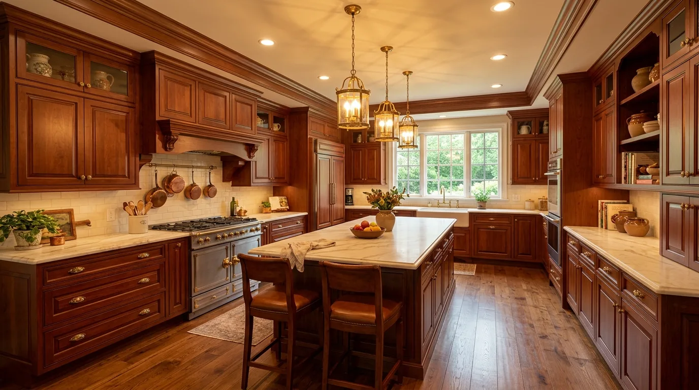 Rich Cherry Wood Kitchen Cabinets Ideas for Traditional Warmth in a thoughtfully styled kitchen.