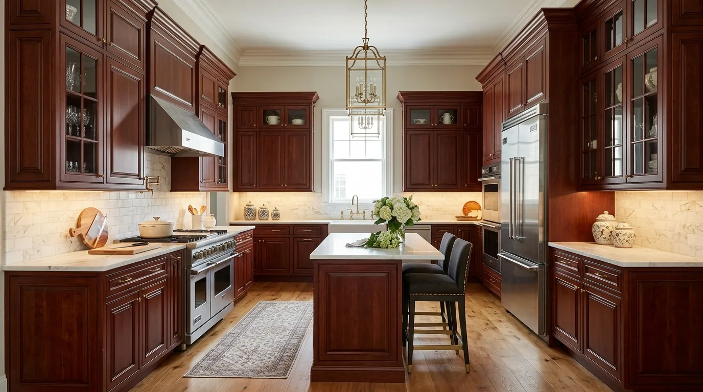 start with a clear cabinet direction in a kitchen inspired by rich cherry wood traditional.