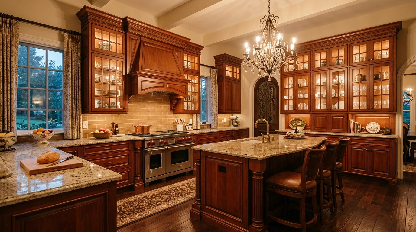 use lighting to shape the overall mood in a kitchen inspired by rich cherry wood traditional.