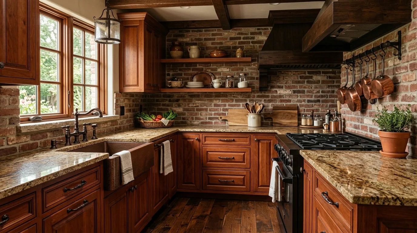 let texture add more depth in a kitchen inspired by rich cherry wood traditional.