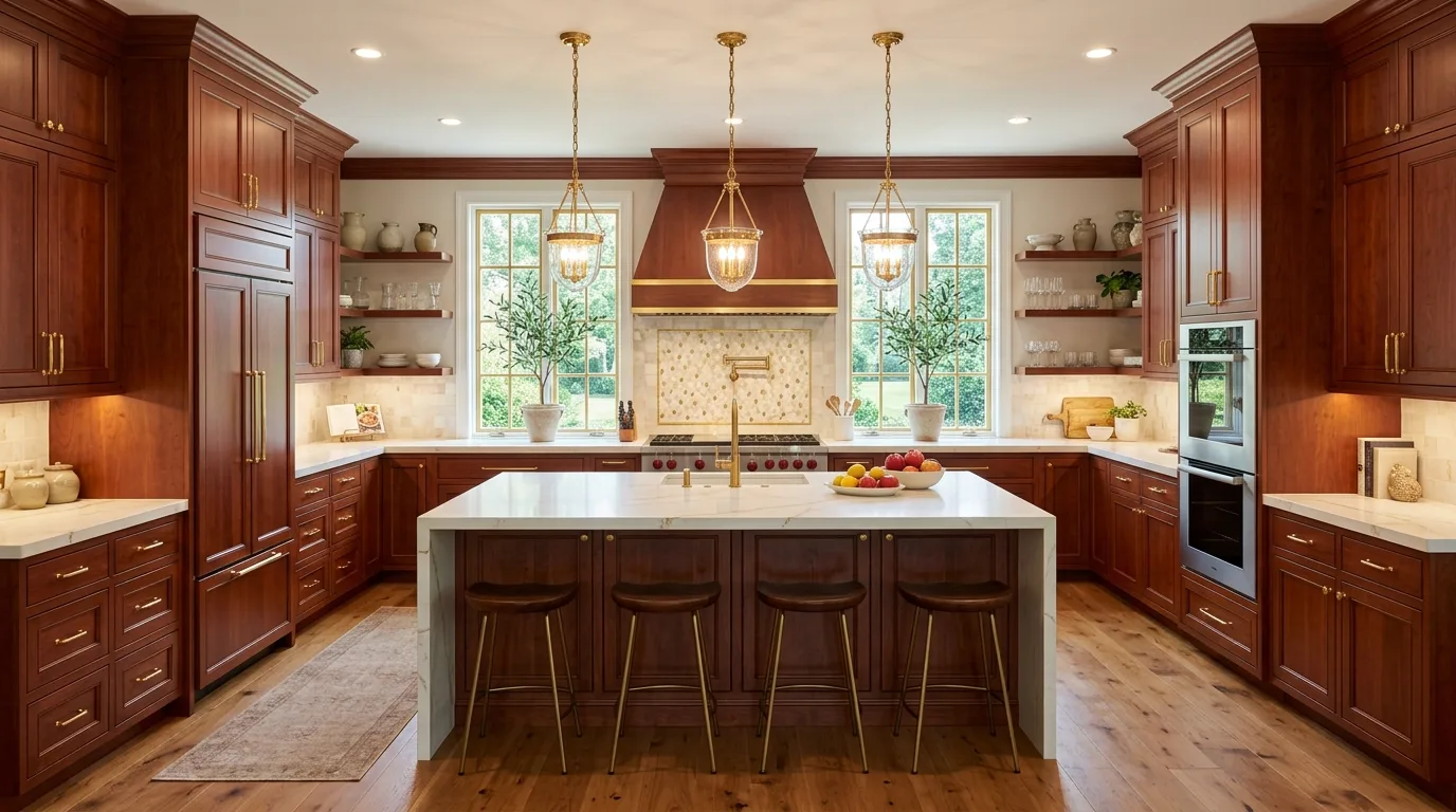 keep hardware and details intentional in a kitchen inspired by rich cherry wood traditional.