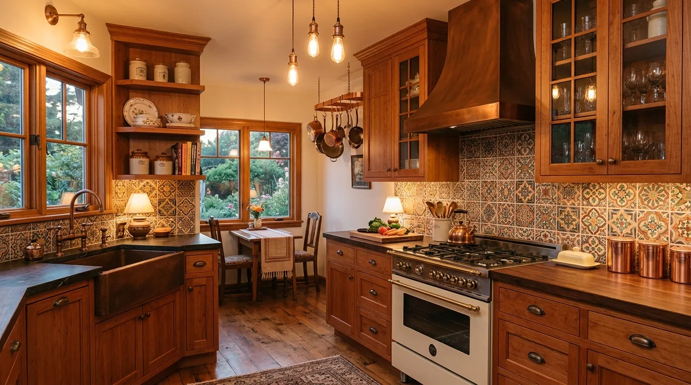 balance the palette with breathable contrast in a kitchen inspired by rich cherry wood traditional.