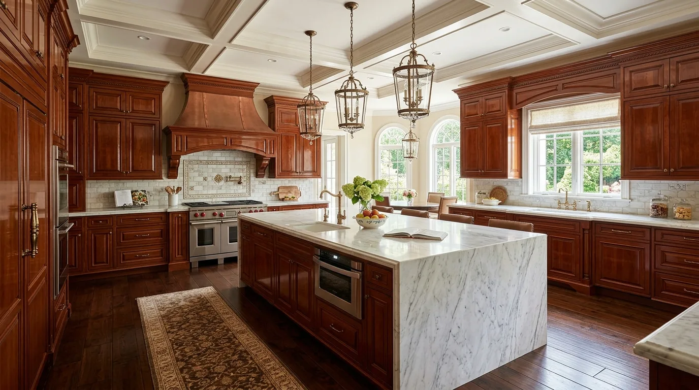 make storage feel natural and useful in a kitchen inspired by rich cherry wood traditional.