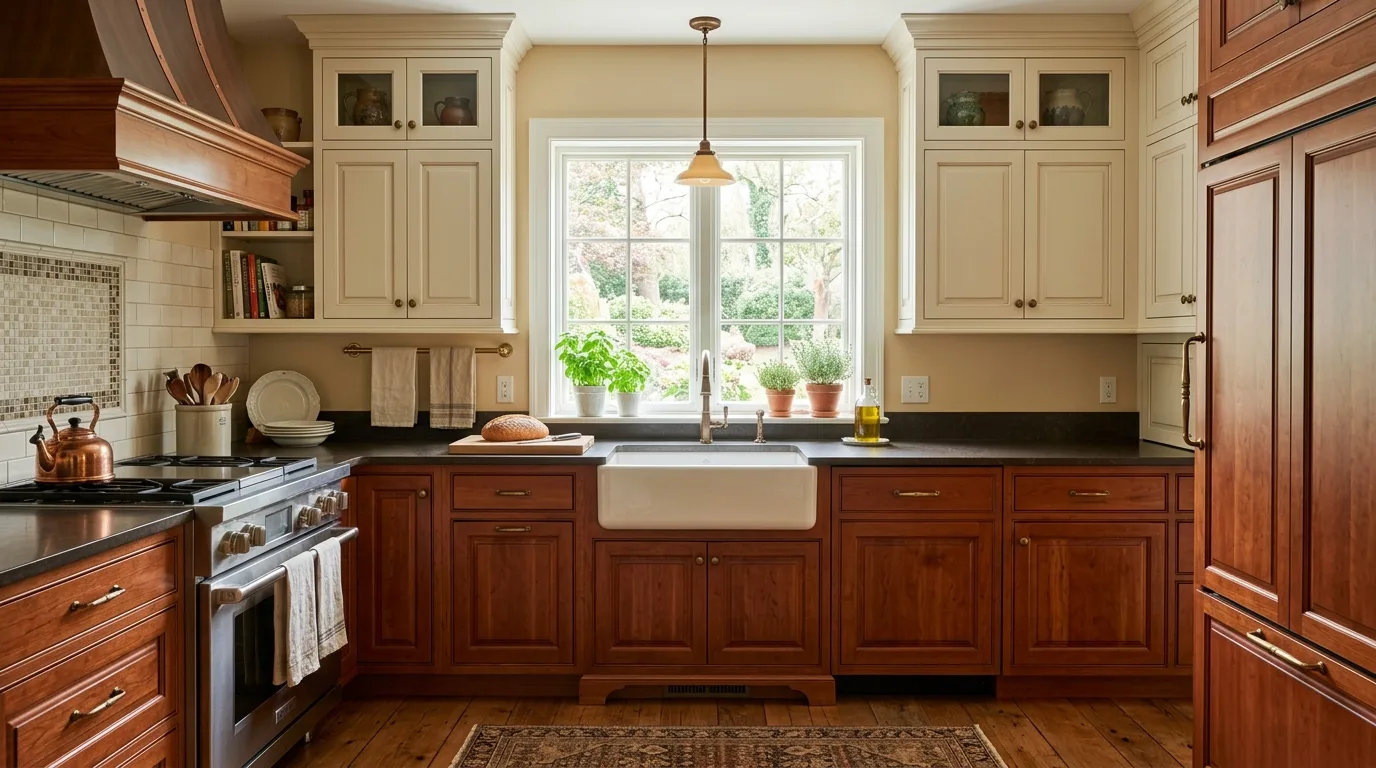 let the kitchen feel personal but edited in a kitchen inspired by rich cherry wood traditional.