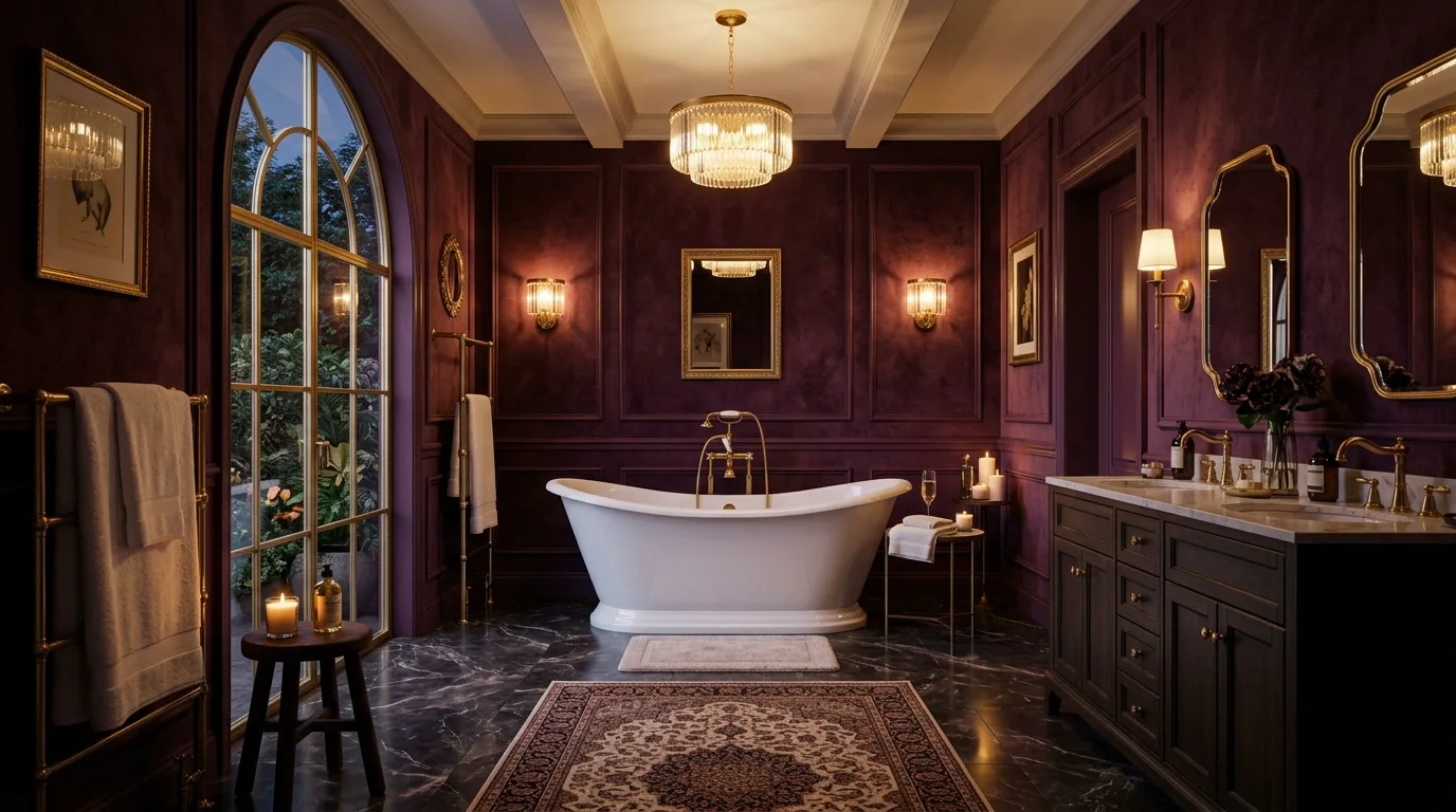 Rich plum bathroom designed as a jewel-toned sanctuary.
