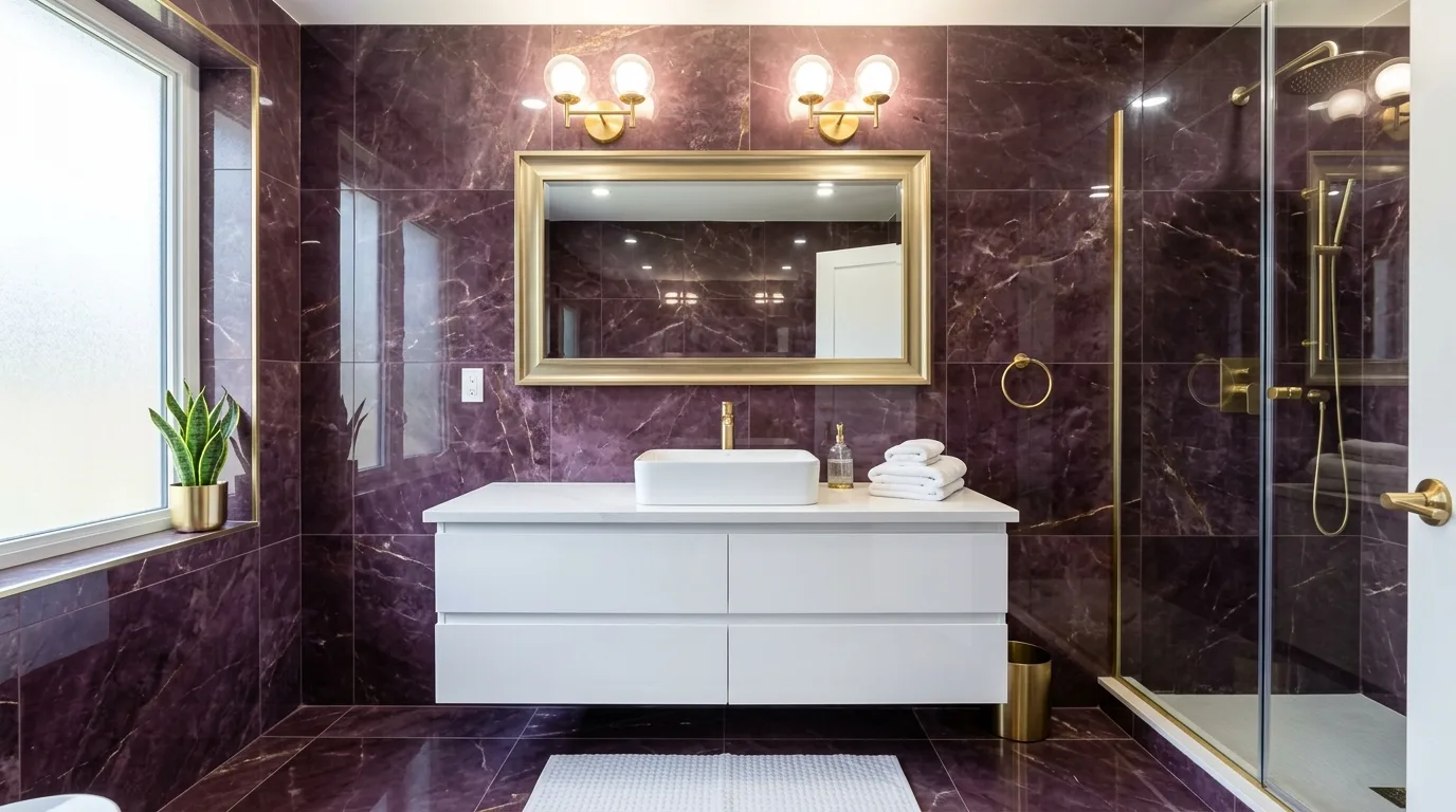 Main plum wall bringing instant depth to a bathroom.