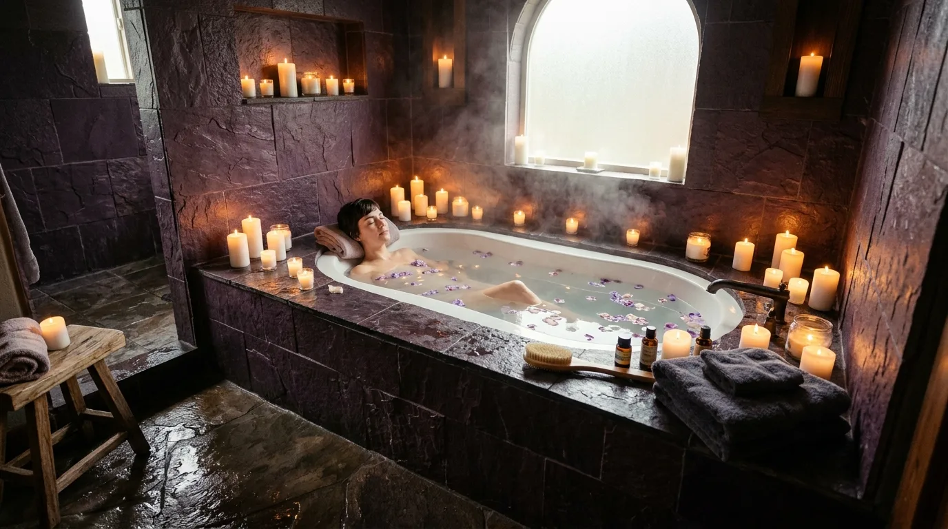 Brass paired with plum in a luxe jewel-toned bathroom.