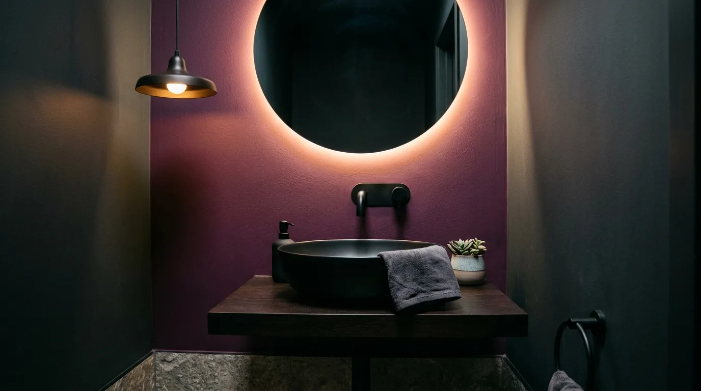 Stone and cream balancing a rich plum bathroom.