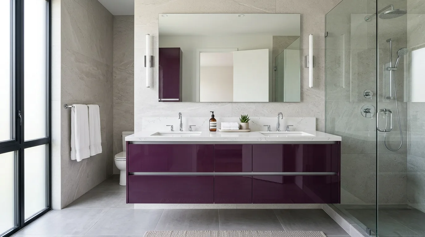 Texture deepening the jewel tone of a plum bathroom.