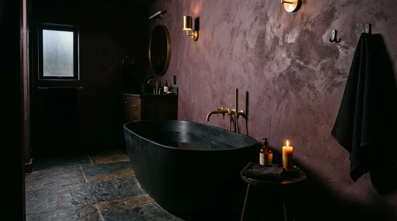 Lighting making rich plum bathroom color glow warmly.