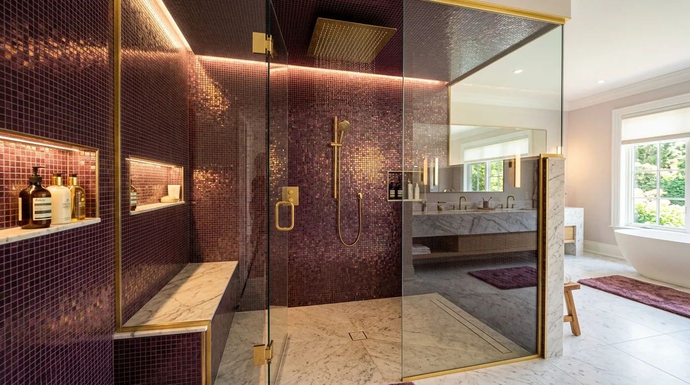 Clean refined fixtures in a rich plum bathroom.