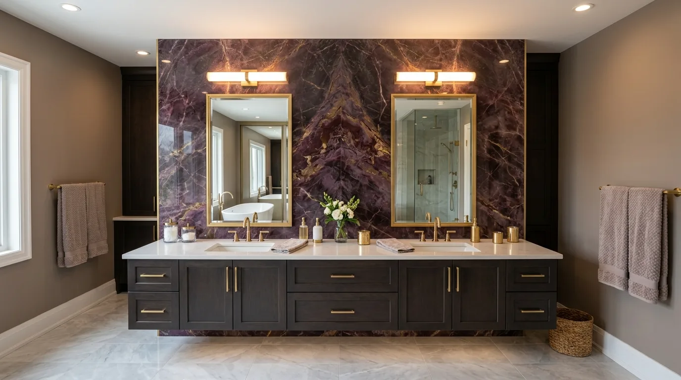 Mirrors opening up a rich plum bathroom sanctuary.
