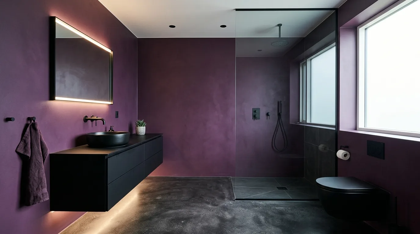 Edited decor creating a serene rich plum bathroom.