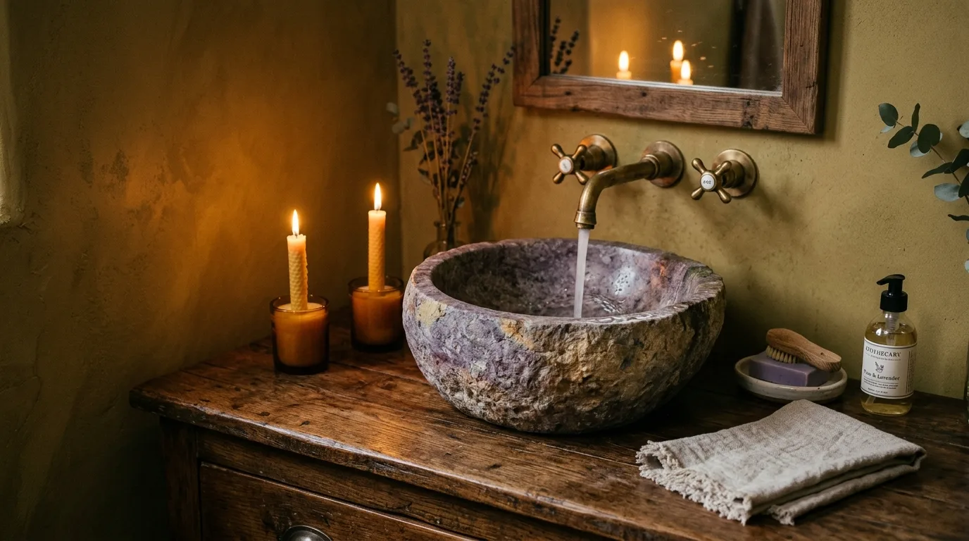 Warm deep restful bathroom designed in rich plum tones.