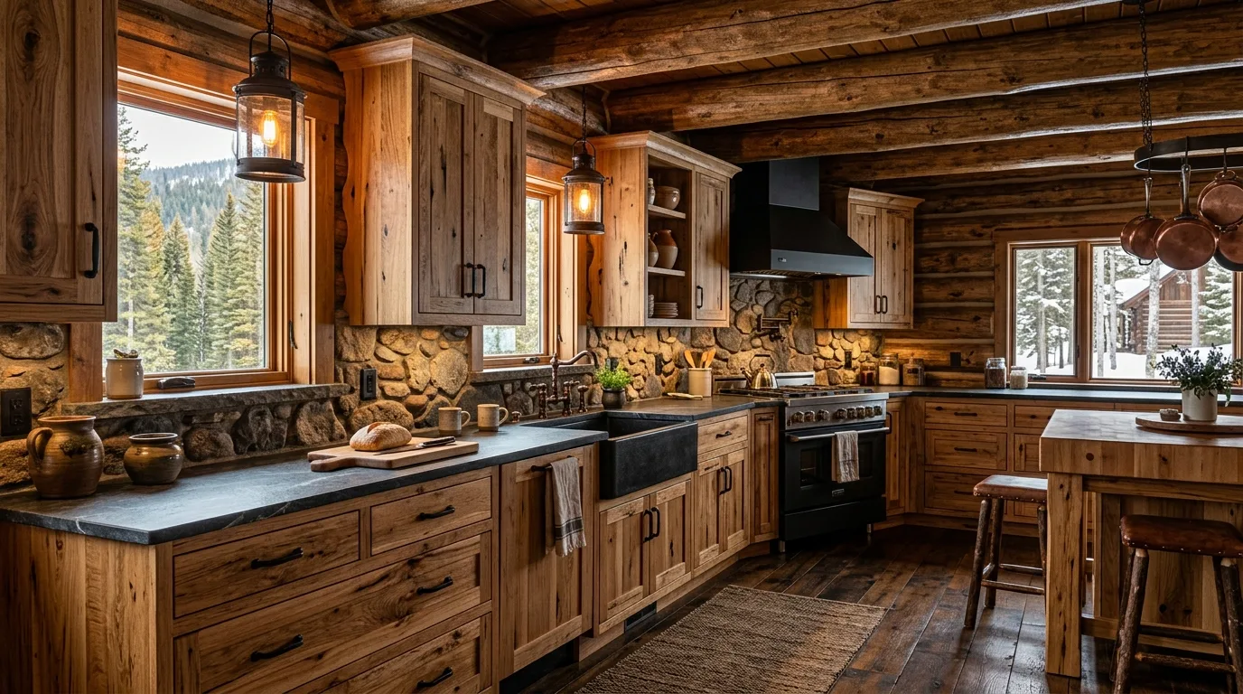 Rugged hickory kitchen cabinets in a warm cabin-style kitchen.