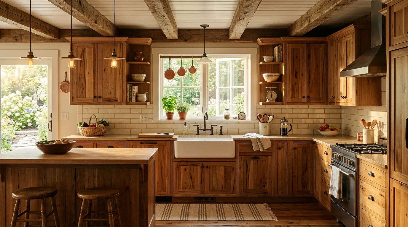 Hickory cabinets paired with stone surfaces in a rustic kitchen.