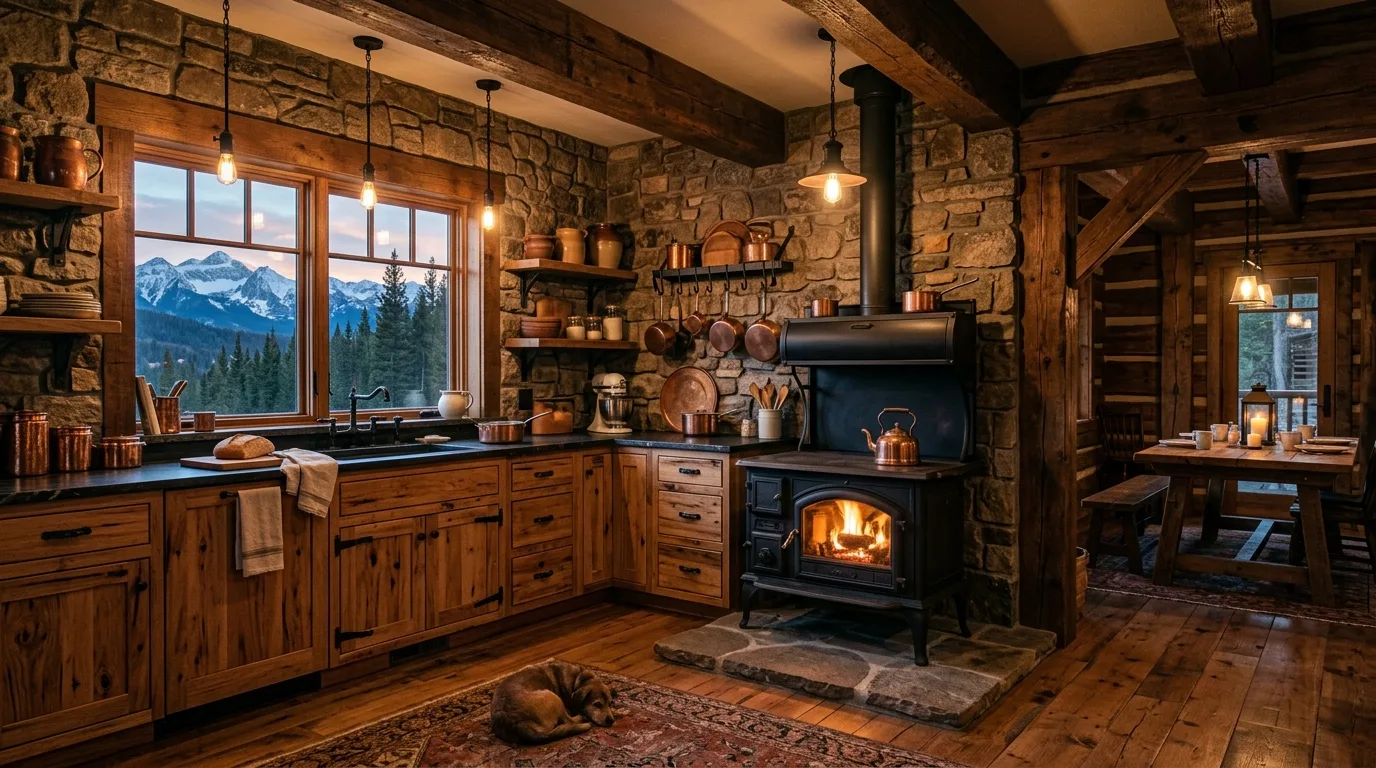 Black hardware contrasting with rugged hickory kitchen cabinets.