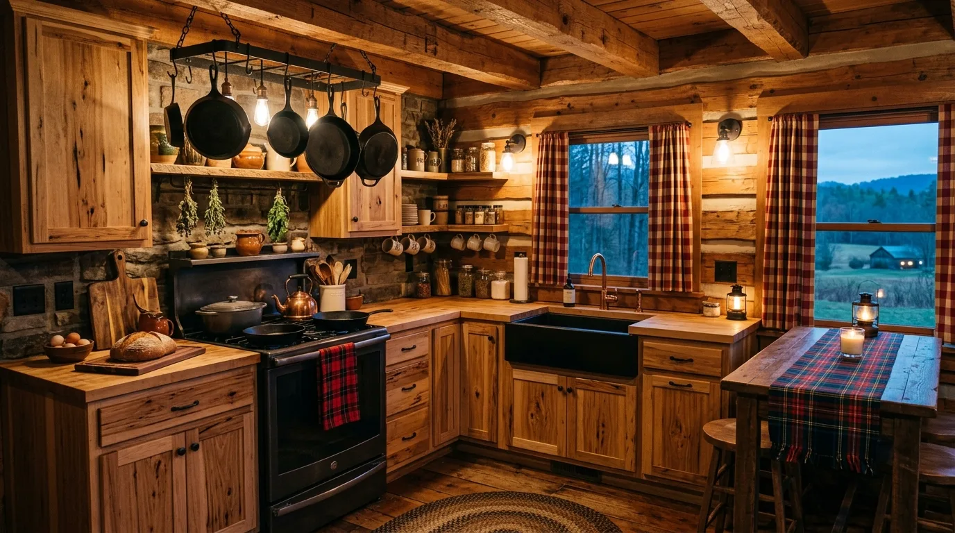 Soft neutral walls balancing the texture of hickory cabinets.