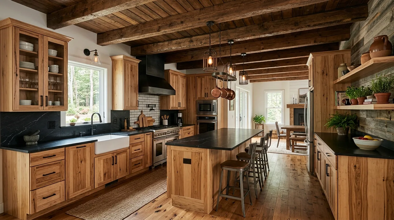 Rustic metal details complementing rugged hickory kitchen cabinets.