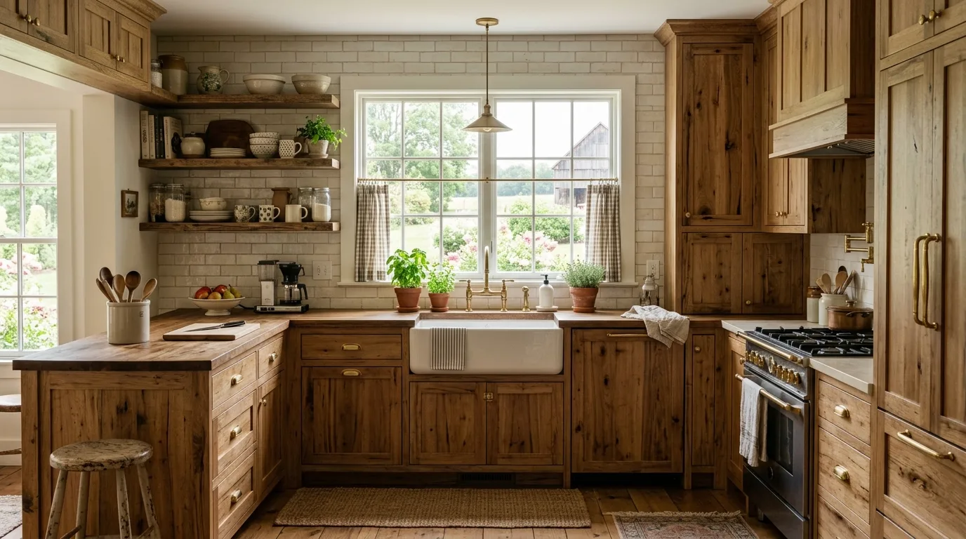 Thoughtful open shelving in a kitchen with hickory cabinets.