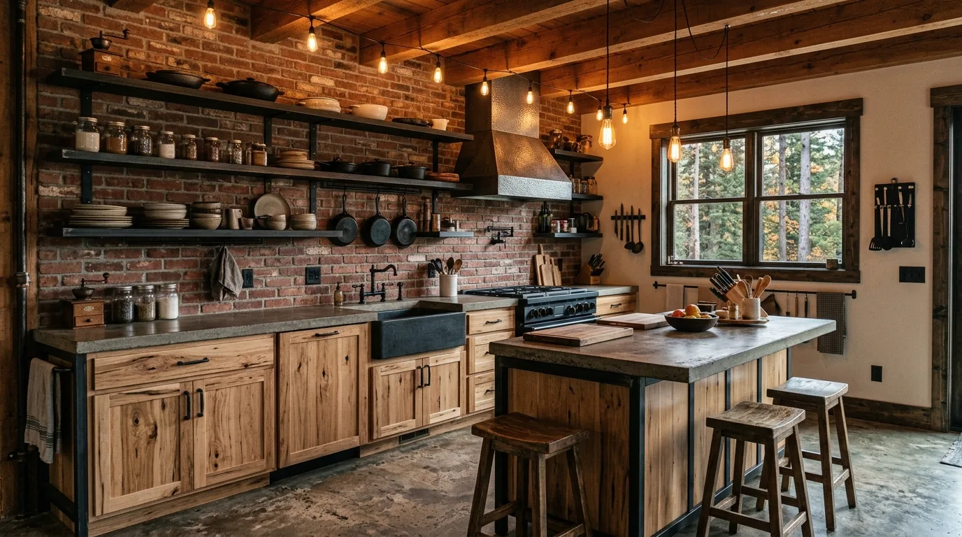 Warm countertops paired with hickory cabinets in a country kitchen.