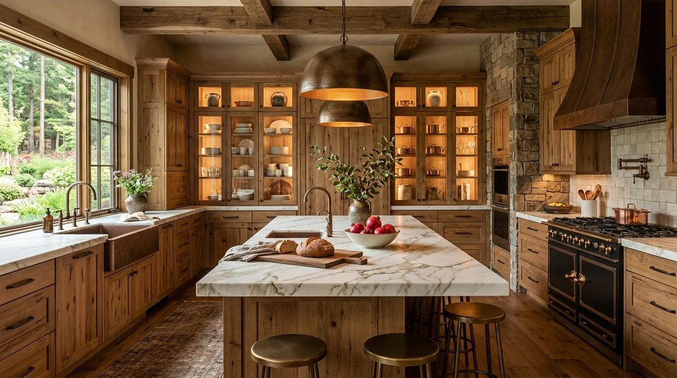 Country-style textiles softening a rugged hickory kitchen.